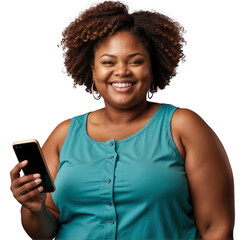 Young adult overweight black African woman with curly hair smiling while holding smartphone isolated on white or transparent background, cheerful woman with positive energy looking at the camera