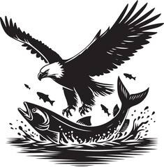Obraz premium eagle silhouette illustration, an eagle and fish in the water with a black and white background