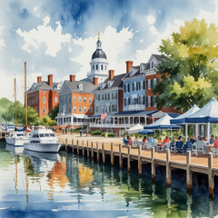Fototapeta premium Watercolor illustration of the historic Annapolis Harbor in Annapolis, Maryland, is a charming and historically significant waterfront area that captures the essence of colonial America