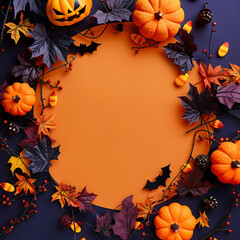 Fototapeta premium Halloween seasonal social media background design in square with copy space for text in the center. Template for holiday commercial promotion post. Orange and purple color tone.