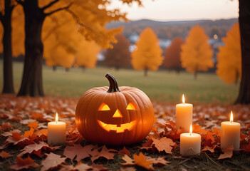 a beautiful fall landscape with pumpkin and candles, autumn leaves, blurred background