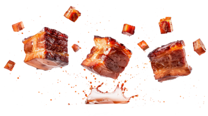 Flying pieces of juicy seared beef with Splashes isolated on transparent background 
