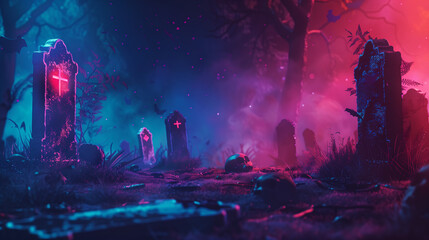 Halloween seasonal social media background design with copy space for text. Template for holiday commercial promotion post. Graveyard in neon red and blue color tone.