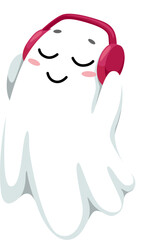 Cartoon kawaii Halloween ghost character wearing red headphones, enjoying music. Isolated vector cute little spook or phantom radiating adorable charm and spooky fun while listening festive melody