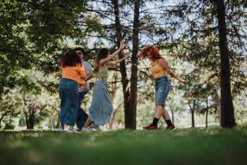 Young teenagers having fun in the park showcasing friendship, joy and moments of laughter and happiness. They enjoy carefree moments together outdoors.