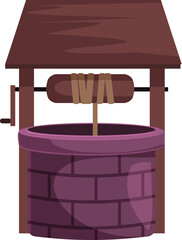 Cartoon style water well with a wooden roof and a rope for getting water