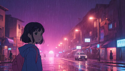 Obraz premium Lofi girl waiting for the bus in the rain, with a glowing neon and pink background, creating a nostalgic and peaceful urban atmosphere.