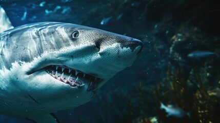 Close-up of a Great White Shark's Jaw and Eye Underwater