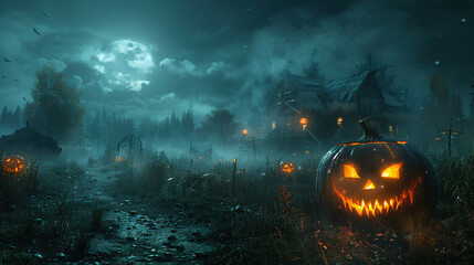 Fototapeta premium Halloween seasonal social media background design with copy space for text. Haunted house and jack-o'-lantern in orange and dark green color tone.