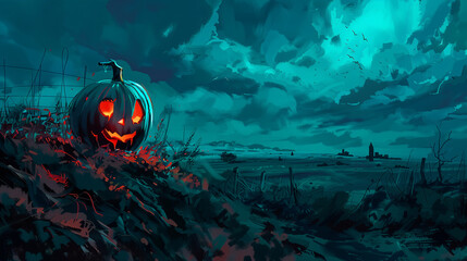 Halloween seasonal social media background design with copy space for text. Haunted field and jack-o'-lantern in red and dark green color tone.