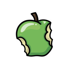 An illustration of a green apple with two bites on a white background