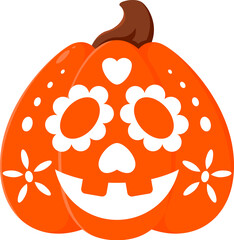 Halloween pumpkin carving with mexican ornaments. Mexican Day of the Dead smiling Jack o lantern, Halloween ornate with flowers carving or Mexico holiday funny pumpkin face vector icon or decoration