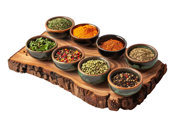 Colorful array of spices in ceramic bowls, arranged on a wooden board, perfect for culinary presentations, isolated on a transparent background.