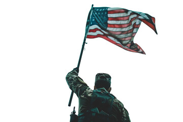 A warrior holding the USA flag triumphantly, isolated on a transparent background.