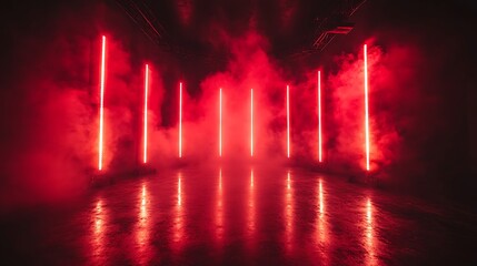  Free stage with lights and smoke, Empty stage with red spotlights, conser, show, party, Presentation concept. Red spotlight strike on black background 