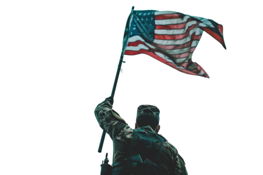 A warrior holding the USA flag triumphantly, isolated on a transparent background.