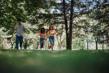 Fototapeta premium Young teenagers enjoying a day in the park, filled with fun, friendship, laughter, and joy. Capturing moments of happiness and togetherness.
