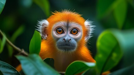 Fototapeta premium Golden langur monkey surrounded by lush green