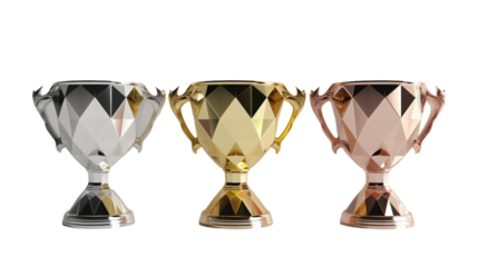 Gold, silver and bronze geometric trophy set isolated on transparent background 
