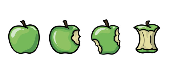 An illustration of four green apples with each apple having a bite taken out of it on a white background