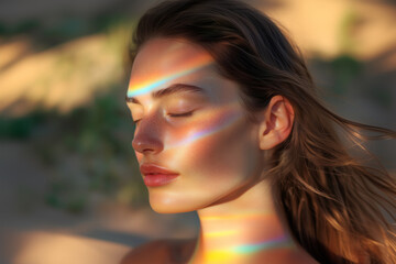 portrait of a serene woman at the beach, prism, rainbow colors