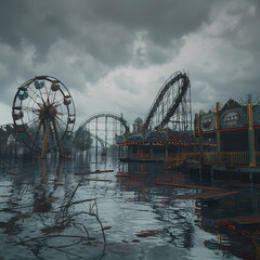 Eerie Submerged Carnival Park Under Gloomy Skies: A Hauntingly Beautiful Scene
