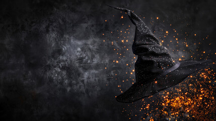 Fototapeta premium Halloween seasonal social media background design with copy space for text. A wizard hat with gold glitter magical sparkle casting around the hat placed on black plain background.