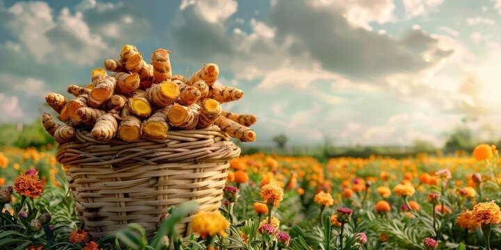 Turmeric harvest in beautiful field, basket full of fresh turmeric roots, sunny day, agriculture, natural wellness concept