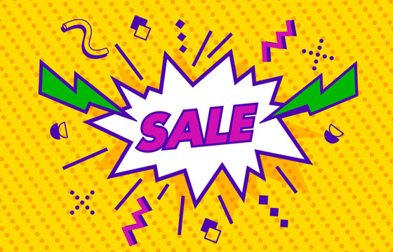 Retro Memphis speech bubble sale poster with comics boom, catchy explosion effect announcing irresistible discounts and deals. Vector promo car, eye-catching retro design for price off shopping event