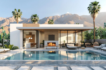 Fototapeta premium 3D Rendering of a Small Modern House with Outdoor Fireplace, Featuring a White and Wood Color Palette, Swimming Pool in Front, Palm Trees, and Mountain Background,