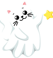 Cartoon kawaii Halloween ghost cat character joyfully playing with star. Isolated vector adorable kitten pet spook following dream, blending spectral charm and celestial playfulness in whimsical night