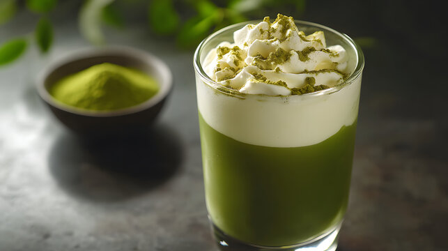 matcha dessert drink in a clear glass, topped with whipped cream and a sprinkle of matcha powder. Include a small, elegant dish of matcha powder in the background, in cafe couter top.