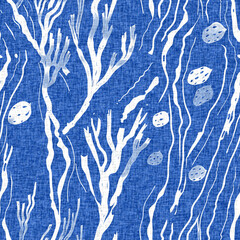 Whimsical seaweed kelp coastal electric blue beach pattern. Batik screen block print cloth effect. Playful tropical summervacation background. Modern scandi underwater plant seamless design.