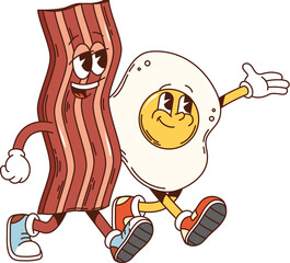 Retro groovy breakfast characters of bacon and egg with funny funky faces, cartoon vector. Groovy retro comic characters of fried egg and bacon friends walking together for kids breakfast comic emoji © Buch&Bee