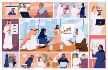 Arabian business people. Saudi man and woman entrepreneurs or company employee discussing project, making deal and working in office. Cartoon flat vector illustration collection isolated on background