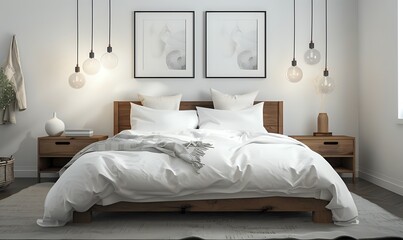 Modern Minimalist Bedroom Design with Wooden Bed Frame and White Bedding
