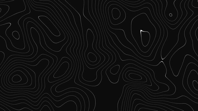 Abstract topographic contour map concept, cartography geographic terrain pattern design, topo wavy black and white mountain surface, liquid line art background animation