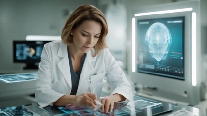 Female Neurologist Using Interactive Touch Screen Table With Modern Biotechnology Research. Doctors Develop Innovative Device For Brain Damage Sufferers