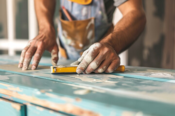 Obraz premium Hand carpenter craftsman working on wood in workshop room. Production and renovation of wooden furniture.