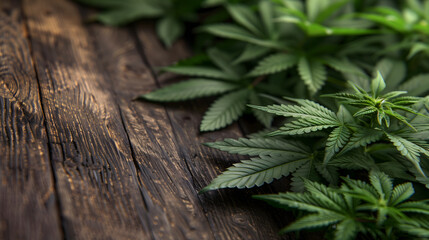 Naklejka premium hemp oil on a wooden background. Marijuana branches on an old background.