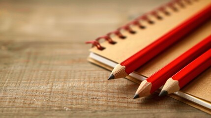 Obraz premium Red Pencils and Spiral Notebook on Wooden Surface