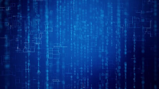 Futuristic blue digital waves flowing in seamless loops, ideal for tech. High-tech digital grid with binary code and dot lines.