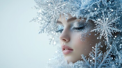 A serene winter portrait of a young woman adorned with snowflakes, embodying the tranquility of the snowy season.