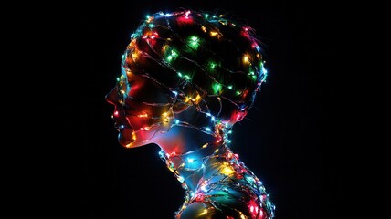 A silhouette adorned with colorful lights, creating a vibrant and festive atmosphere against a dark background.