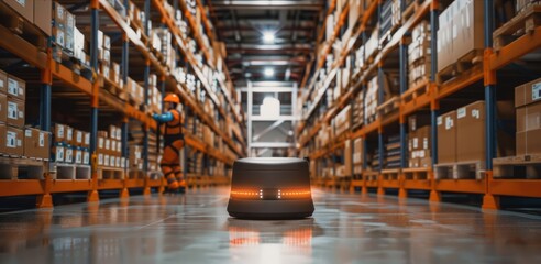 An autonomous robot in the wide aisle of a modern warehouse, surrounded by high racks filled with boxes. Concept of advanced technology and efficiency in logistics and warehouse management