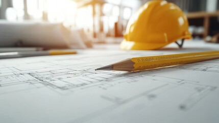 Blueprint floor plan architectural project on the table with yellow helmet and pencil