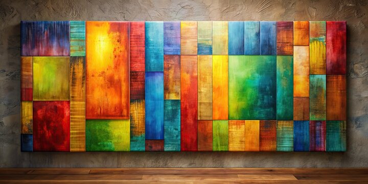 Contemporary painting on canvas with multicolored segmented background for modern wall decoration , abstract, vibrant