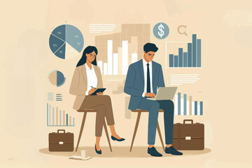illustration of businessman and his secretary in a meeting, discussing sales charts with graphs in the background. Teamwork and business analysis concept.