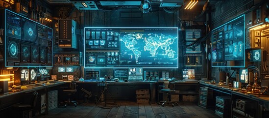 Futuristic Control Room with Monitors Displaying Global Data