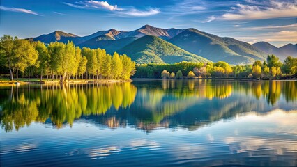 Obraz premium Tranquil scene of Banyoles lake reflecting the surrounding mountains , Catalonia, Spain, outdoor, nature, landscape